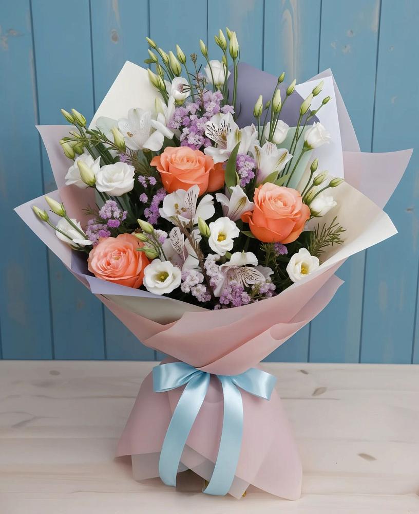 Букет цветов из: Лизиантусы, Розы, Альстромерии и Гипсофила в Кривошеино