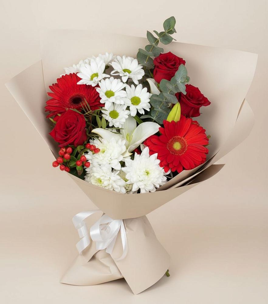 Букет цветов из: Розы, Хризантемы, Герберы и Лилии в Кривошеино